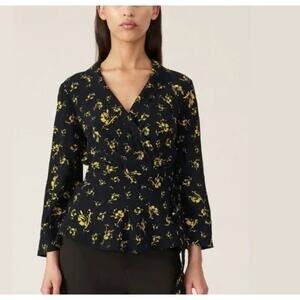 US 2 GANNI Black Yellow Floral Print Wrap Blouse